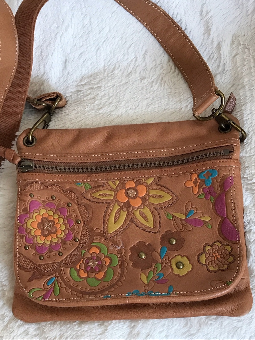 Fossil Tan Leather Crossbody with Multicolor Floral Design